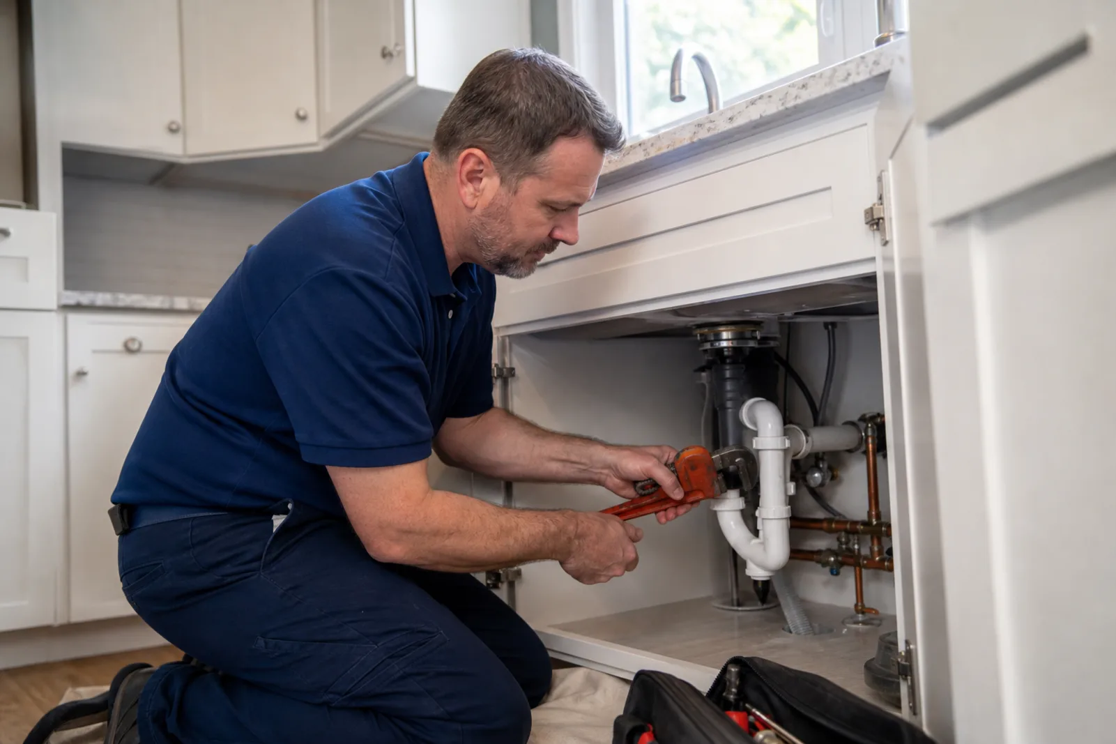 Plumber repairing a kitchen sink in a Lawrenceville home
